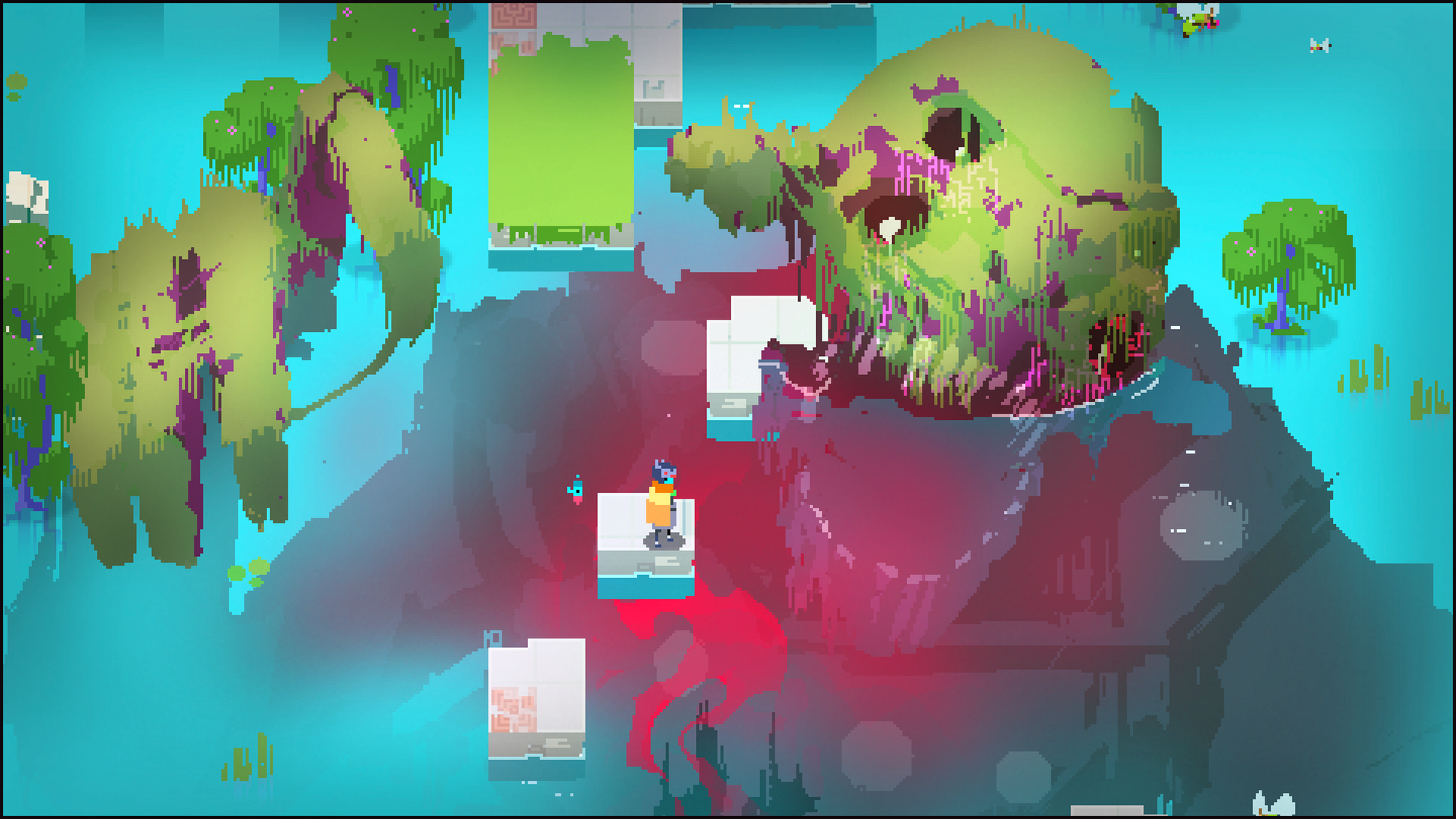 A giant humanoid colossus has green plants growing over its skin as the top of its head and part of its right hand reaches out of the water as if it was drowned