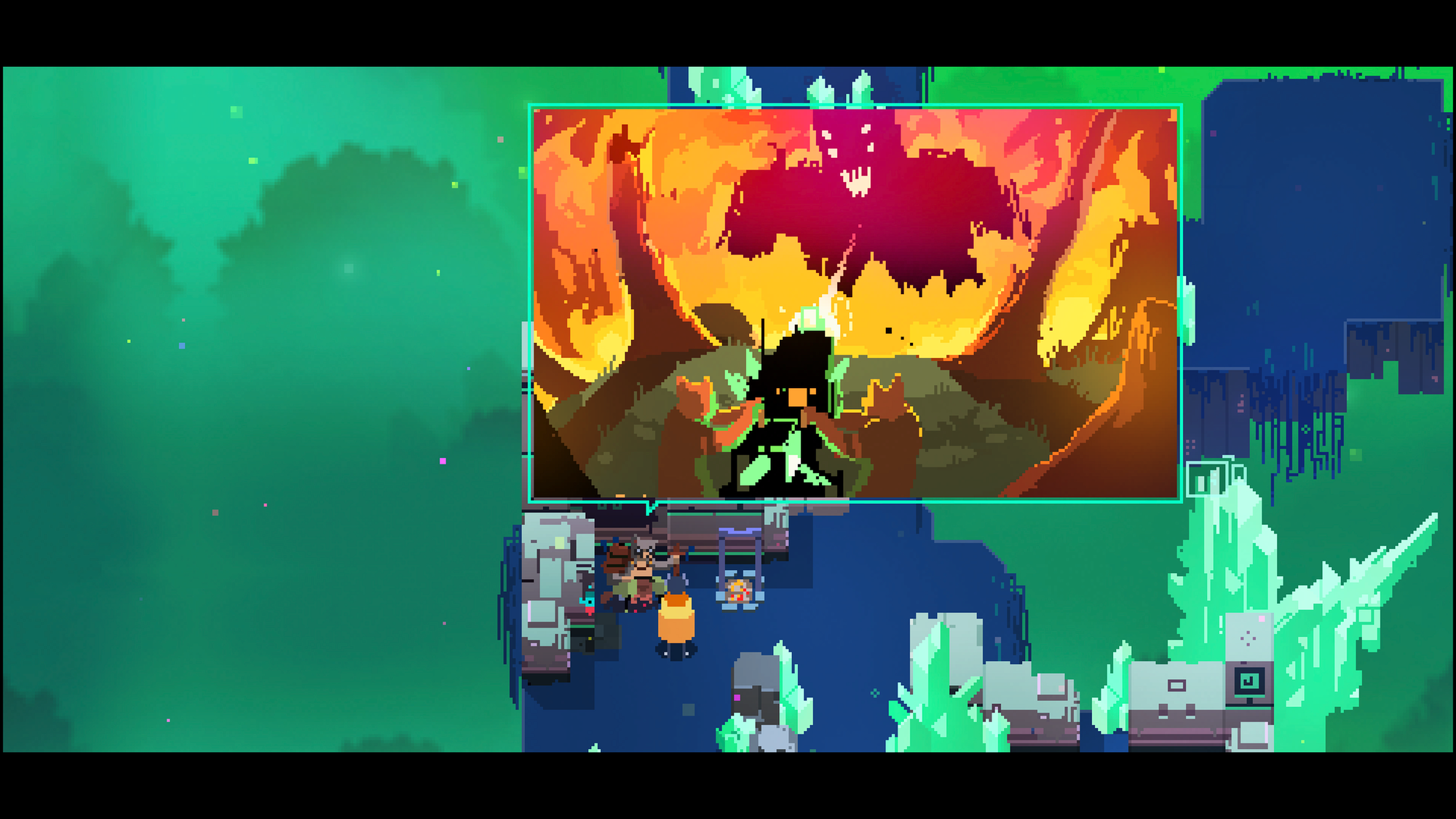 The drifter speaks to another survivor at their camp as the survivor recounts how they defeated the giant humanoid that was burning their forest using a crystal based weapon, further slides (not shown) reveal that their weapon defeated the colossus but also infected the land with crystals that cannot be removed and regrow when slashed