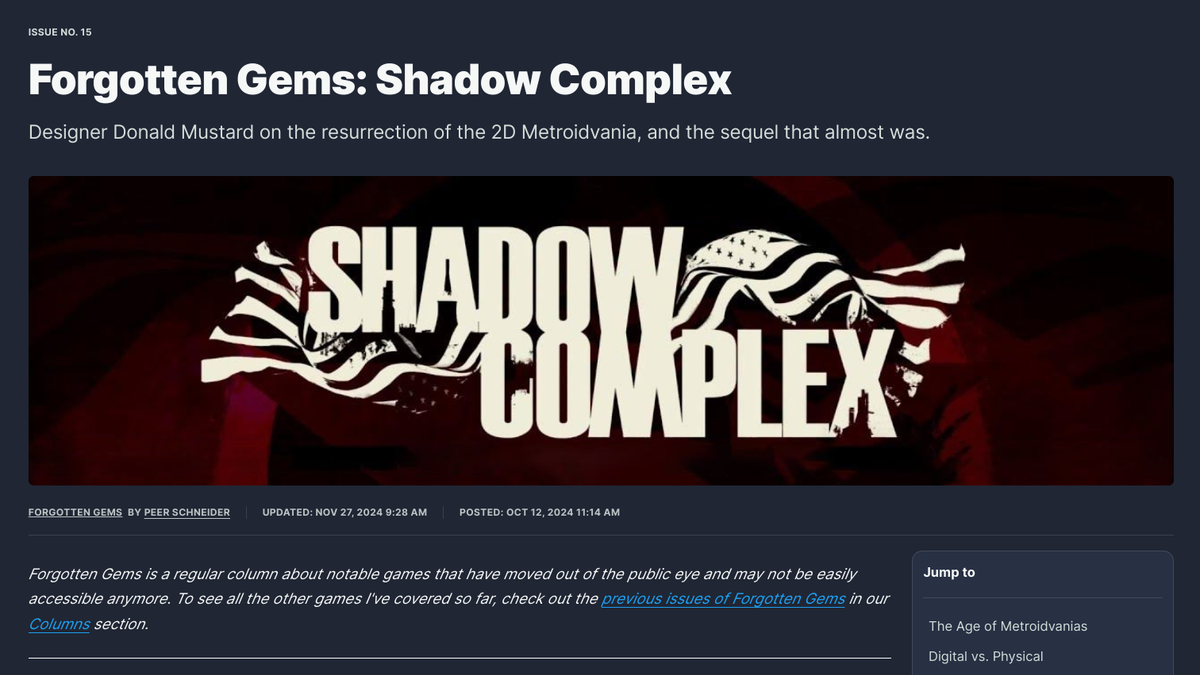 Reading Games Writing: Forgotten Gems: Shadow Complex by Peer Schneider